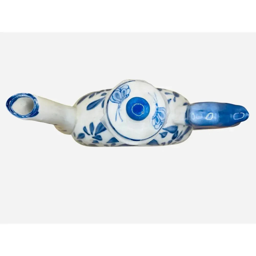 Vintage Blue and White Porcelain Donut Shape Teapot 7”